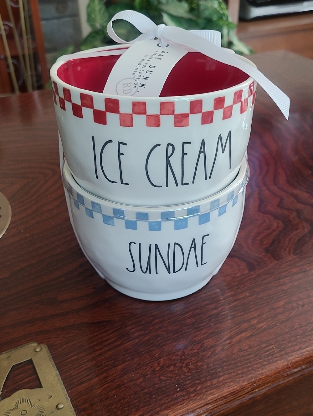 Rae Dunn Red & Blue Checker Ice Cream and Sundae Ceramic Bowl Set